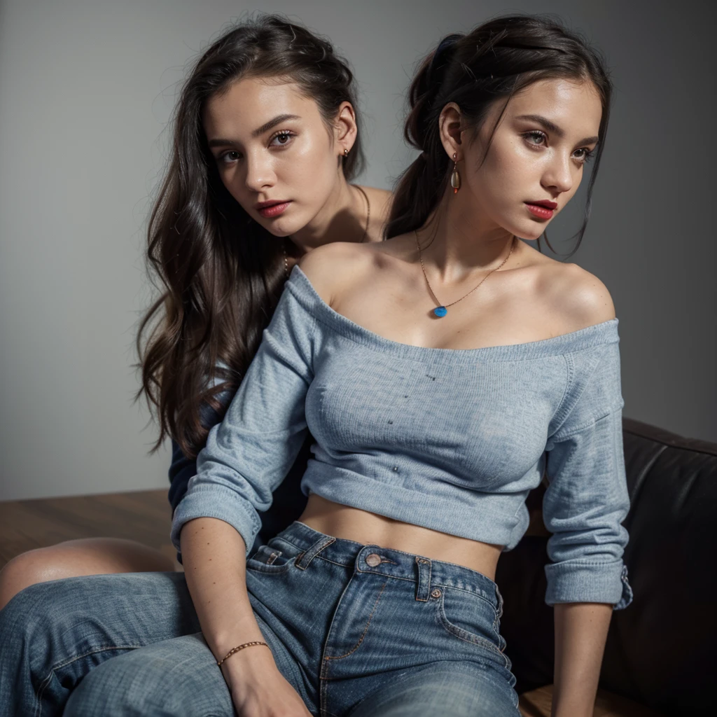 18 year old girl (best quality,4k,8k,highres,masterpiece:1.2),ultra-detailed,(realistic,photorealistic,photo-realistic:1.37),portrait,wearing overloose sweater blue,small chain on neck,black hair,hair band in ponytail,vivid colors,soft lighting,night neon background,subtle bokeh,warm color tones,rich girl,red lipstick,earing,full sleeve top,long shirt,round neck style dress,wearing jeans pant,hoodie,wearing a ring in hand