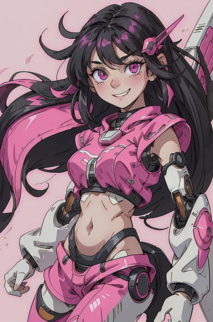 best quality, simple Details, 1 girl, Long hair, black hair, grin, pinke Highlights, pink eyes, good eyes, simple background, full body, Belly-free,