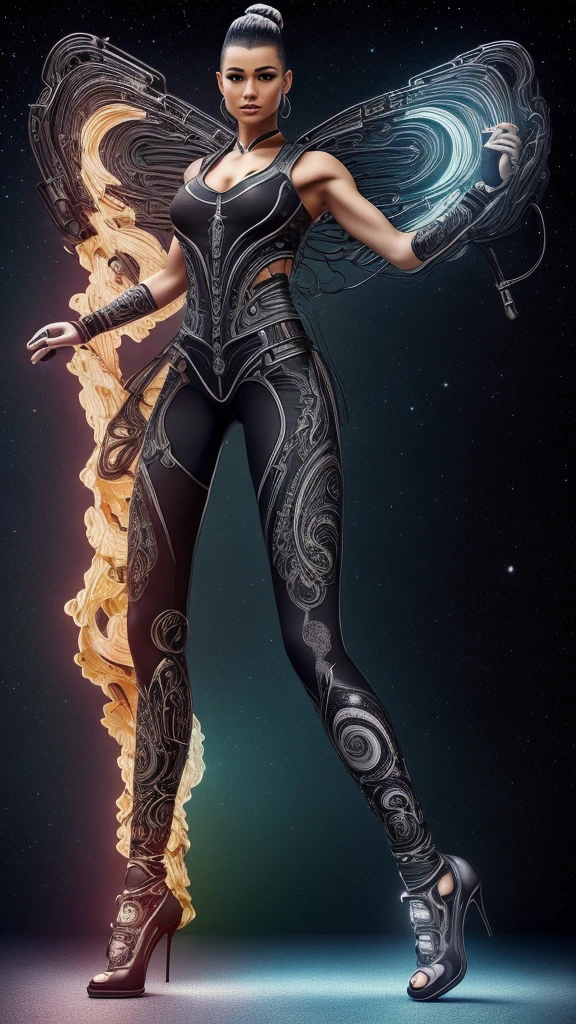 High-resolution ultra detailed photography and ultra detailed representation of the body and face of a 35 year old light-skinned woman with a muscular feminine figure, full body pose swinging dancing in a clearing at night and a starry sky looking into the camera, clothing biomechanical women's vest with zippers and a biomechanical leggings and biomechanical high Heels, clothes in ying and yang styles and colors, hairstyle braided mohawk haircut, bright colored Japanese large tattoos, Model has a tall height Full body, biomechanical Clothing 