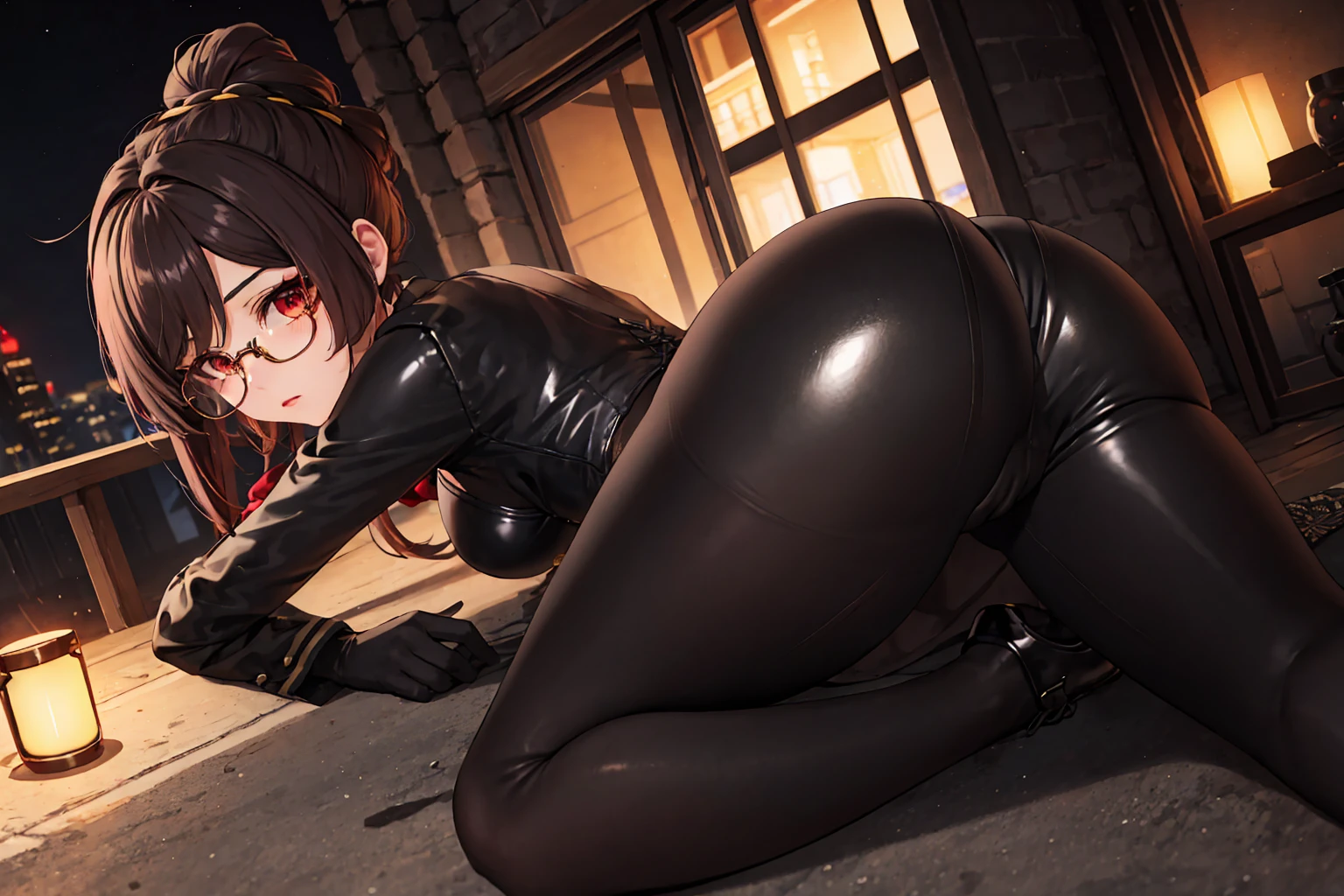 1 girl, Chiori \(genshin impact\), Alone, view from behind, perfect ass, choker:1.6, White long sleeve shirt with long sleeve collar, black leather corset, black gloves that cover your hands, shiny black leggings, glasses, looking at the viewer,, inside, depth of field, expressionless, alley, at night