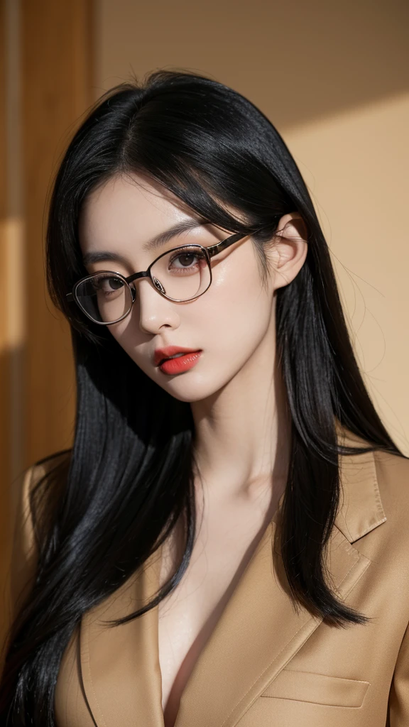 Close-up portrait of a young East Asian woman with long black hair and round gold-rimmed glasses. She is wearing a black suit jacket. Her expression is serious, looking directly at the camera. Pale skin with red lips. Background is blurred, suggesting an indoor setting. Soft, natural lighting. High-resolution, detailed image with sharp focus on the face