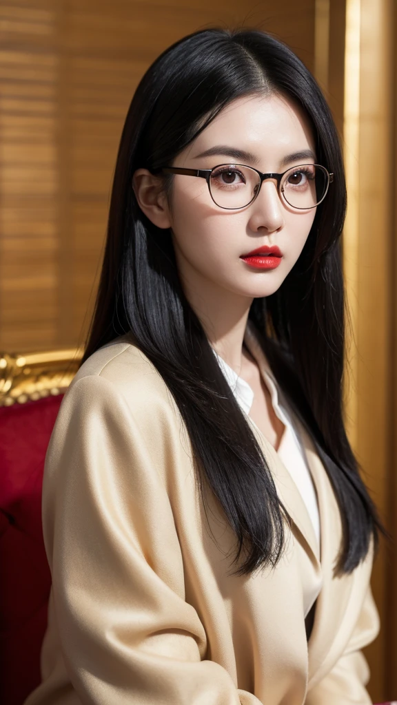 Close-up portrait of a young East Asian woman with long black hair and round gold-rimmed glasses. She is wearing a black suit jacket. Her expression is serious, looking directly at the camera. Pale skin with red lips. Background is blurred, suggesting an indoor setting. Soft, natural lighting. High-resolution, detailed image with sharp focus on the face