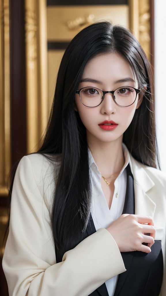 Close-up portrait of a young East Asian woman with long black hair and round gold-rimmed glasses. She is wearing a black suit jacket. Her expression is serious, looking directly at the camera. Pale skin with red lips. Background is blurred, suggesting an indoor setting. Soft, natural lighting. High-resolution, detailed image with sharp focus on the face