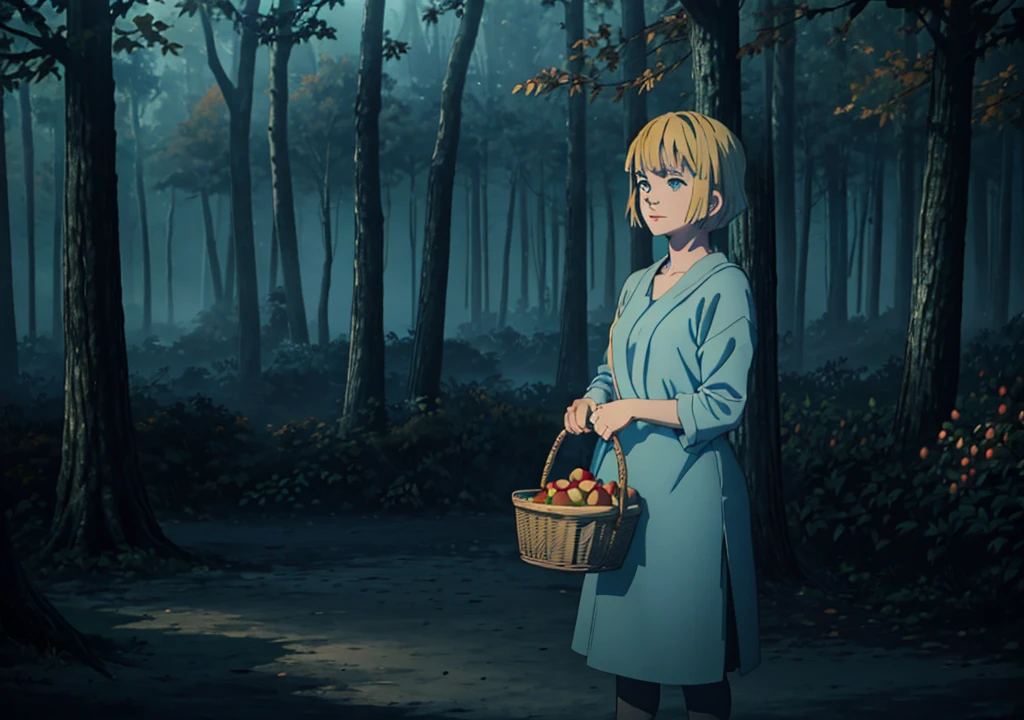 a girl with short blonde hair, in a light blue dress, holding a basket of apples, in a forest, autumn, 2D, dark environment, dry leaves, dark environment, fog, night, dark,