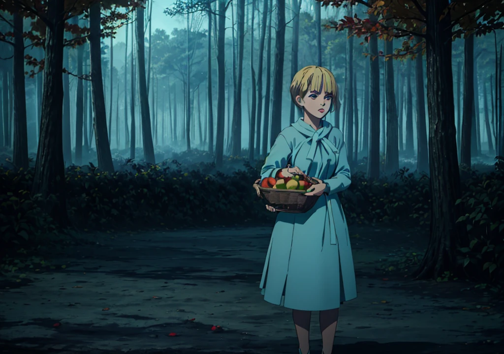 a girl with short blonde hair, in a light blue dress, holding a basket of apples, in a forest, autumn, 2D, dark environment, dry leaves, dark environment, fog, night, dark,