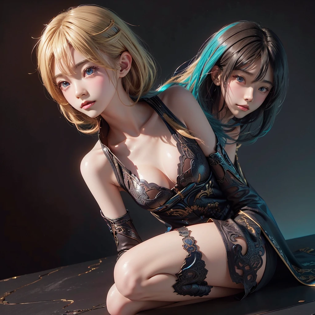 Polychrome,, night, dark, blonde, Show Viewer, In-person audience, Limited Edition Palette, Dragon Background, Shine,(Highly detailed CG Unity 8k wallpaper),(masterpiece), (Highest quality), (Vaporwave Style), (Super detailed), (Best illustrations),(Best Shadow),Perfect lighting , Perfect Anatomy , Vibrant colors、
