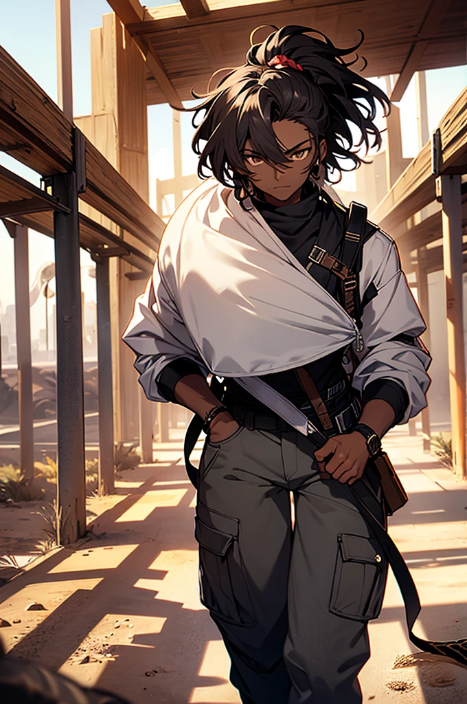 young man, not so high,Little Muscle, slightly dark skin, Desert scenery, snakes coming out from behind the head, light outfits (harem pants)