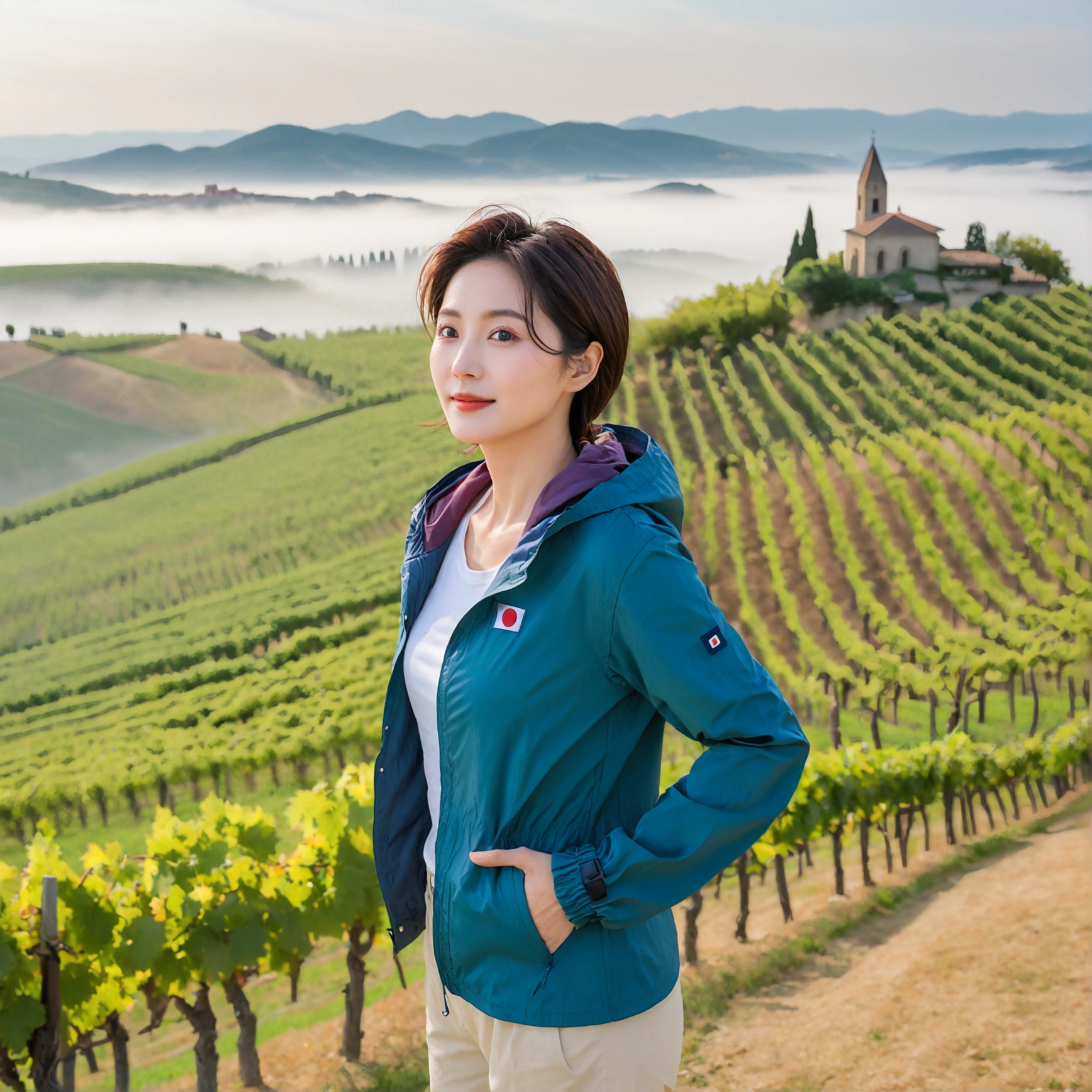 8k best picture quality, Beautiful 36-year-old Korean woman, You have good skin and big and pretty eyes.... Chest size 34 inches, italian countryside, past the vineyard, The cathedral can be seen in the distance in the thick fog...., The background is realistic and vivid quality...., Short and medium hair blowing in the wind, Wear a quality windbreaker over your t-shirt. beige casual pants, i am smiling. Standing on a hill overlooking a misty vineyard. the background is clear, Short and slim Korean woman, stand far away, Full body photo taken with Canon Mark 5 camera 16-35 wide angle lens, A woman with big and pretty eyes, eyes are round and big. Taken while standing on a hill overlooking a vineyard. overlooking the river in the distance.