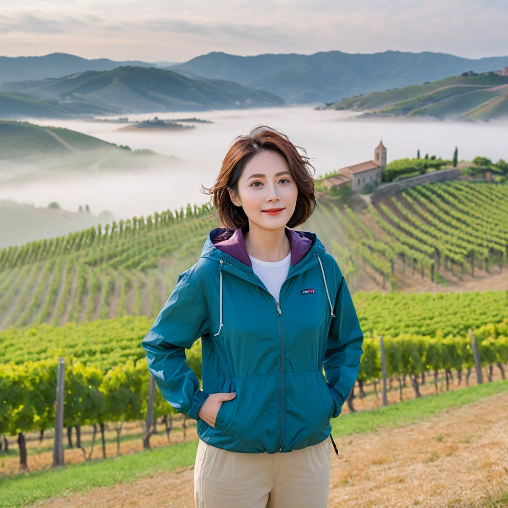 8k best picture quality, Beautiful 36-year-old Korean woman, You have good skin and big and pretty eyes.... Chest size 34 inches, italian countryside, past the vineyard, The cathedral can be seen in the distance in the thick fog...., The background is realistic and vivid quality...., Short and medium hair blowing in the wind, Wear a quality windbreaker over your t-shirt. beige casual pants, i am smiling. Standing on a hill overlooking a misty vineyard. the background is clear, Short and slim Korean woman, stand far away, Full body photo taken with Canon Mark 5 camera 16-35 wide angle lens, A woman with big and pretty eyes, eyes are round and big. Taken while standing on a hill overlooking a vineyard. overlooking the river in the distance.