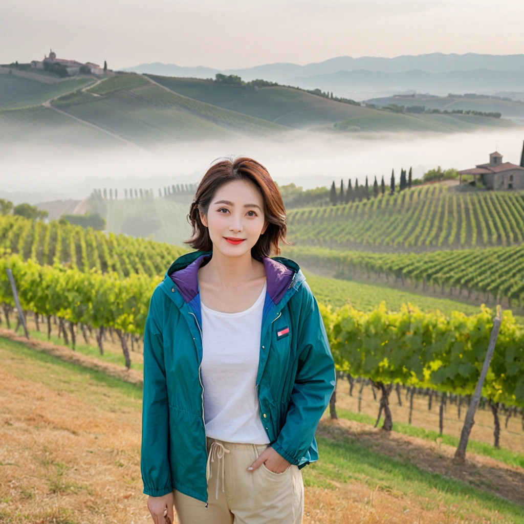 8k best picture quality, Beautiful 36-year-old Korean woman, You have good skin and big and pretty eyes.... Chest size 34 inches, italian countryside, past the vineyard, The cathedral can be seen in the distance in the thick fog...., The background is realistic and vivid quality...., Short and medium hair blowing in the wind, Wear a quality windbreaker over your t-shirt. beige casual pants, i am smiling. Standing on a hill overlooking a misty vineyard. the background is clear, Short and slim Korean woman, stand far away, Full body photo taken with Canon Mark 5 camera 16-35 wide angle lens, A woman with big and pretty eyes, eyes are round and big. Taken while standing on a hill overlooking a vineyard. overlooking the river in the distance.