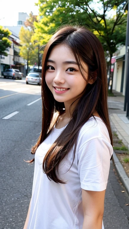 high resolution、Japanese women、cute、Small face、Long Hair、Brown Hair Color、The eyebrows are thin、Woman in her 20s、Outdoor shooting、White shirt、A big smile