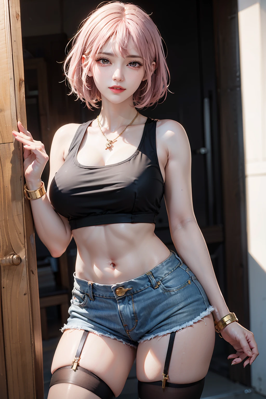 Women, early 20s, short silky pink hair with yellow tips, gold armlet, gold bracelet, golden eyes, seductive look, golden hair pinns, golden key necklace, big breast, black midriff tank top, denim short shorts, Inc black tattoo, golden thighlet, black thigh highs, shiny skin.
