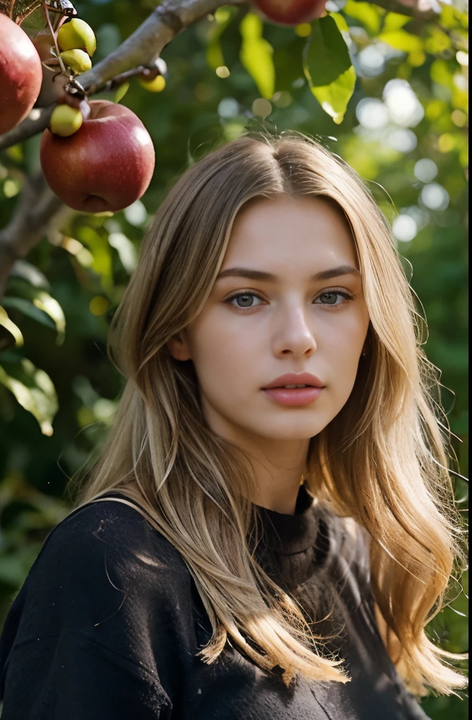  Next to a male chimpanzee－There are, Holding hands, Russian girl, 18 age old, (Blond hair, middle hair , wince, Gray eyes, beautiful lip, serious)Standing by the golden apples tree, in garden 