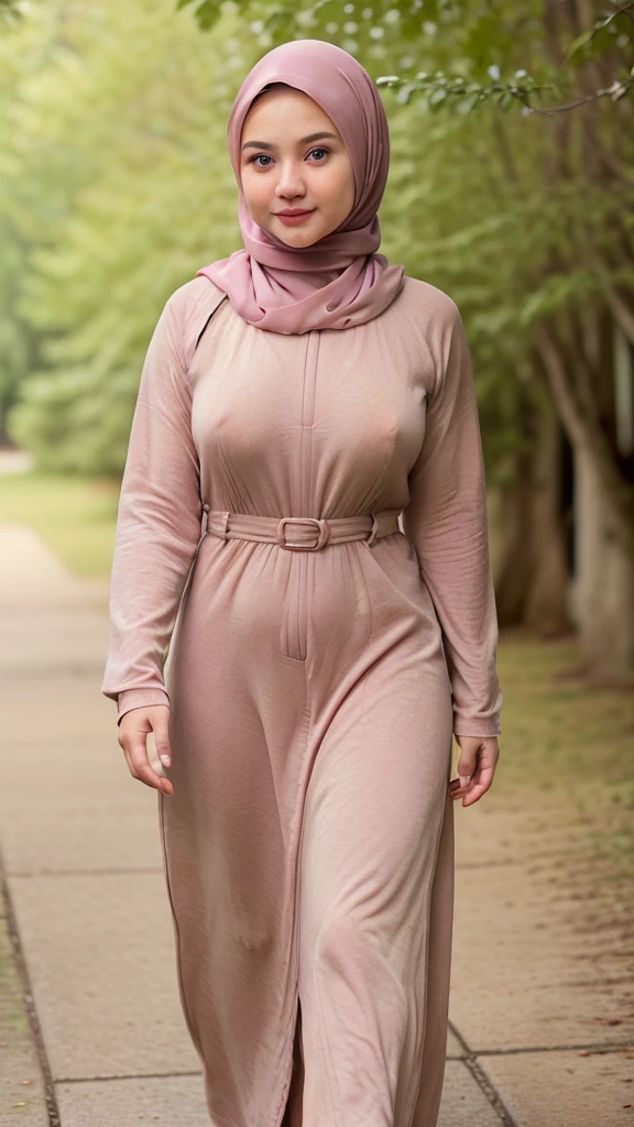 ((best quality)), ((masterpiece)), ((realistic)), 30-year-old, Japanese Hijab, short girl, cute face, mesmerizing blue eyes, short straight dark hair, extremely detailed, natural skin tone, big breast, skin with pores, wearing long sleeves plicated suit maxi dress, portrait, full body shot, fit body, wearing pink shoes, front view, walking in park, shallow depth of field, body fully covered with clothes except face and hands