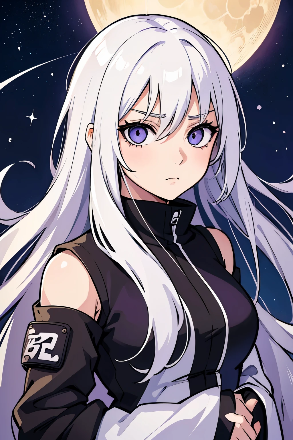 (high-quality, breathtaking),(expressive eyes, perfect face) portrait, Symmetrical Eyes, 1girl, solo, ager age, short height, white hair, white coloured eyes, byakugan, anime naruto art style, long hair, fluffy hair, feminine face, sky background, moon, open field background, stars, trees, detailed eyes, hyuga, Ōtsutsuki, naruto ninja attire, neutral expression, soft smile, purple and black clothing, white trim, long sleeves, white dress, hair between eyes, bare shoulders, jacket,
