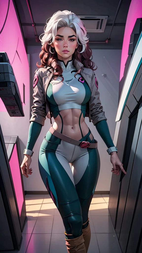 supermodel physique, perfect body, perfect clear skin, ultrarealistic, hyperrealism, photorealistic, ultra quality, masterpiece, high quality, beautiful, sexy face, pretty, slightly toned, fit, supermodel build, 3/4 body view, sexy waist, sexy hips, perfect legs, thigh gap, rogue, 1girl, solo, blush, wavy hair, multi colored hair, pink and grey top, pink and grey bottom, dynamic angle, high quality eyes, beautiful eyes