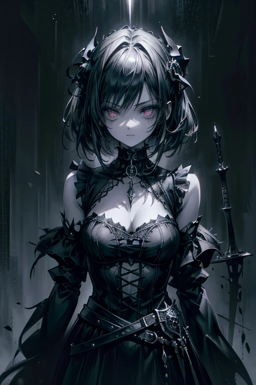 (a girl with) Aura-like gothic lighting, realistic Gothic-style artwork, detailed skeleton impaling itself with a sword in the neck, dark atmospheric background, high-res masterpiece:1.2, ultra-fine painting, professional, vivid colors