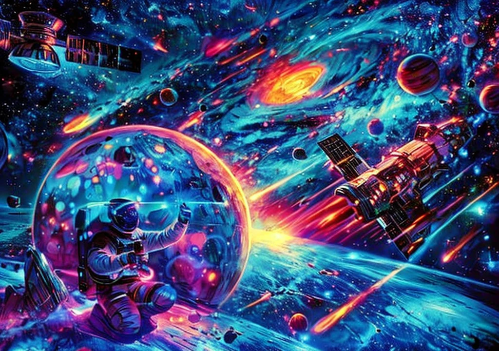 The background is a spectacular huge colorful interstellar galaxy surrounded by planets. The image includes elements such as spacecraft, rocket ship and other celestial objects. The astronaut photographed the colorful galaxies and comets surrounded by space debris in the style of sat_FACEyalismart. This scene creates a dynamic atmosphere and captures the excitement and wonder of exploring the outer universe. It vividly depicts the astronaut's journey through the cosmic landscape.