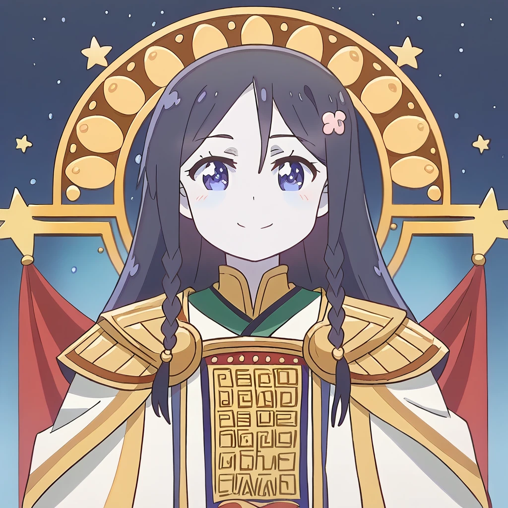 Generate a high-resolution movie poster in the style of Alphonse Mucha, featuring Hana Shirosaki from Watashi ni Tenshi ga Maiorita! with a detailed face, flowing hair, braided side locks, the Emperor's costume, with a focus on the upper body (big-chest). Include beautiful, detailed eyes, a detailed hand, sports film lighting, pale skin, and a dynamic pose looking directly at the viewer. Use a magazine cover style with textured skin, super detail, tarot borders, dynamic streaks, a dim color scheme, and solo full-body portrayal. For the alternate prompt, depict a detailed face with a soft smile of a Sumerian demigod in white robes and laurel, set against a backdrop of a thriving Mesopotamian civilization with ancient palaces, stars, and floating particles, referencing the ziggurat of Uruk