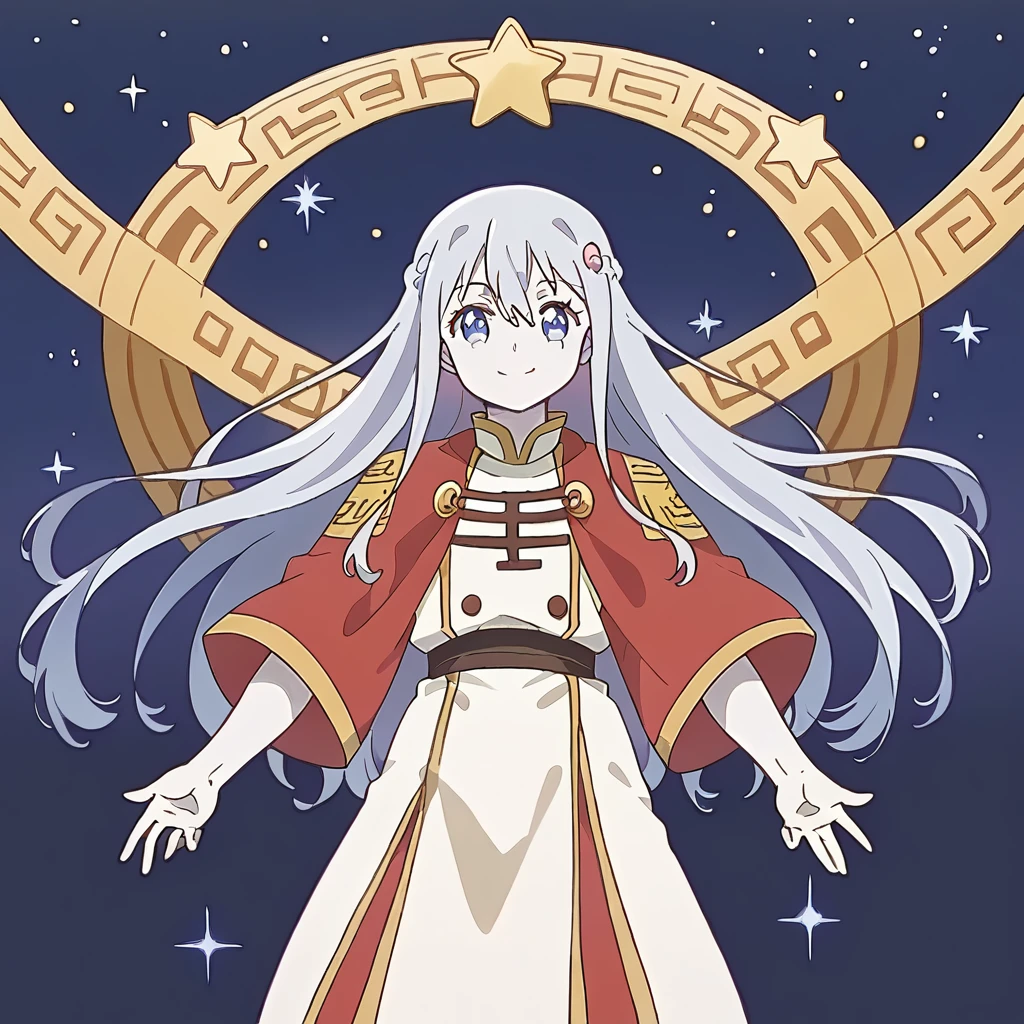 Generate a high-resolution movie poster in the style of Alphonse Mucha, featuring Hana Shirosaki from Watashi ni Tenshi ga Maiorita! with a detailed face, flowing hair, braided side locks, the Emperor's costume, with a focus on the upper body (big-chest). Include beautiful, detailed eyes, a detailed hand, sports film lighting, pale skin, and a dynamic pose looking directly at the viewer. Use a magazine cover style with textured skin, super detail, tarot borders, dynamic streaks, a dim color scheme, and solo full-body portrayal. For the alternate prompt, depict a detailed face with a soft smile of a Sumerian demigod in white robes and laurel, set against a backdrop of a thriving Mesopotamian civilization with ancient palaces, stars, and floating particles, referencing the ziggurat of Uruk