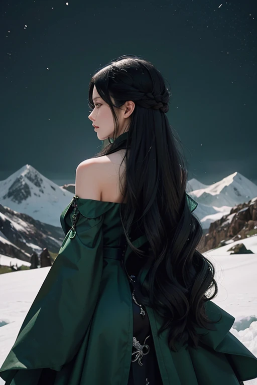 A woman from behind with long black hair in an emerald green dress, together with a black dragon on a snowy mountain
