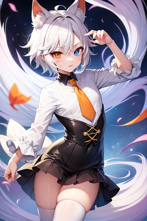 Young Gatoro, anime styling, he has heterochromia, so the orange right eye and blue left eye, has short white hair, femboy clothes