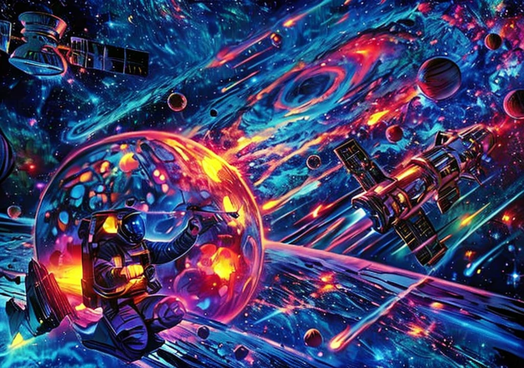 The background is a spectacular huge colorful interstellar galaxy surrounded by planets. The image includes elements such as spacecraft, rocket ship and other celestial objects. The astronaut photographed the colorful galaxies and comets surrounded by space debris in the style of sat_FACEyalismart. This scene creates a dynamic atmosphere and captures the excitement and wonder of exploring the outer universe. It vividly depicts the astronaut's journey through the cosmic landscape.