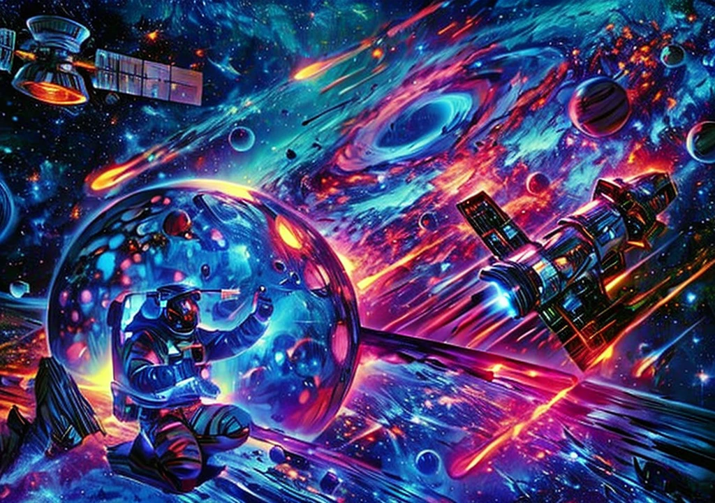 The background is a spectacular huge colorful interstellar galaxy surrounded by planets. The image includes elements such as spacecraft, rocket ship and other celestial objects. The astronaut photographed the colorful galaxies and comets surrounded by space debris in the style of sat_FACEyalismart. This scene creates a dynamic atmosphere and captures the excitement and wonder of exploring the outer universe. It vividly depicts the astronaut's journey through the cosmic landscape.