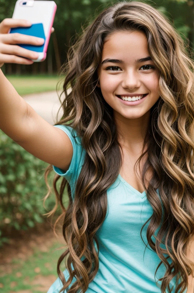 Teenage girl with wavy hair smiling taking a selfie