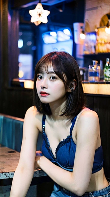 A bar surrounded by countless stars。A young and beautiful woman、At the bar window、Blue glass headphones、While listening to music、Drinking canned chuhai。she、With dark brown short hair、Droopy eyes、and、round face。Blue bikini bra and、Denim shorts、Wearing。