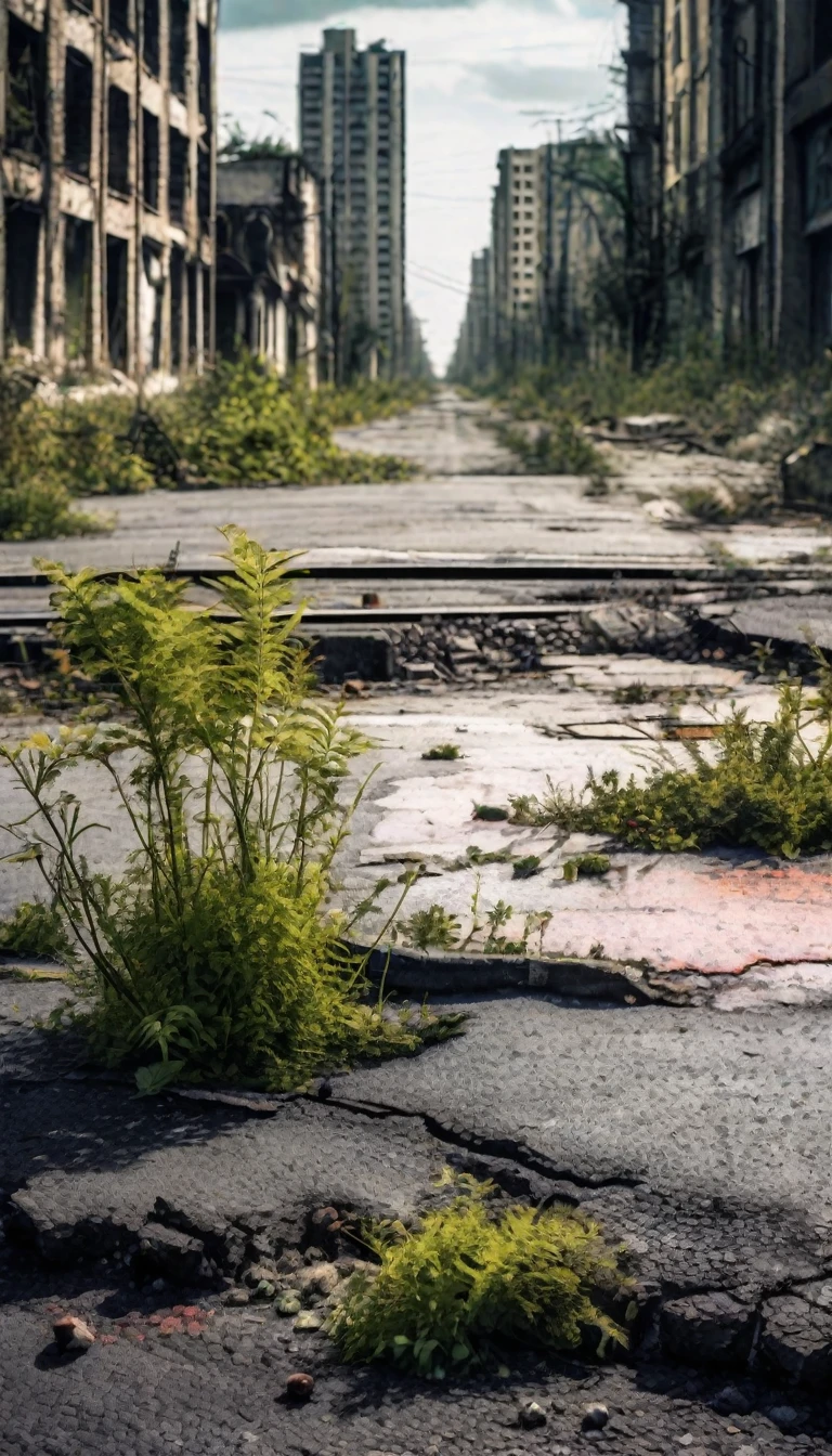 city after apocalypse hurt , Photography, asphalt detail, vegetation claiming the city