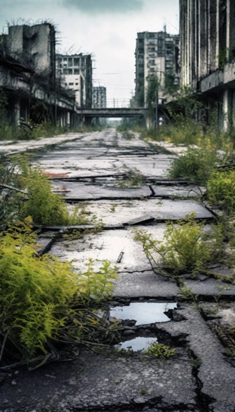 city after apocalypse hurt , Photography, asphalt detail, vegetation claiming the city