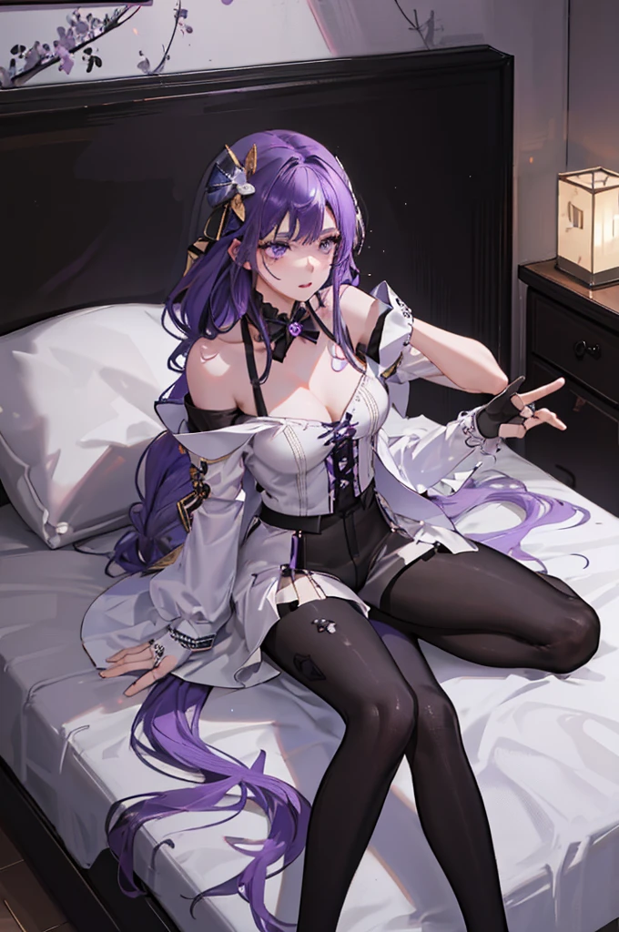 ((beautiful lighting, Best quality, 8K, Masterpiece: 1.3)), 1girl, Perfect body beauty: 1.4, Slim abs: 1.1, ((purple hair)), (White dress: 1.4), (Indoor , night: 1.1), (bed), Super Fine Face, Fine Eyes, Glasses, naughty look, (Over the knee black stockings: 1.5)