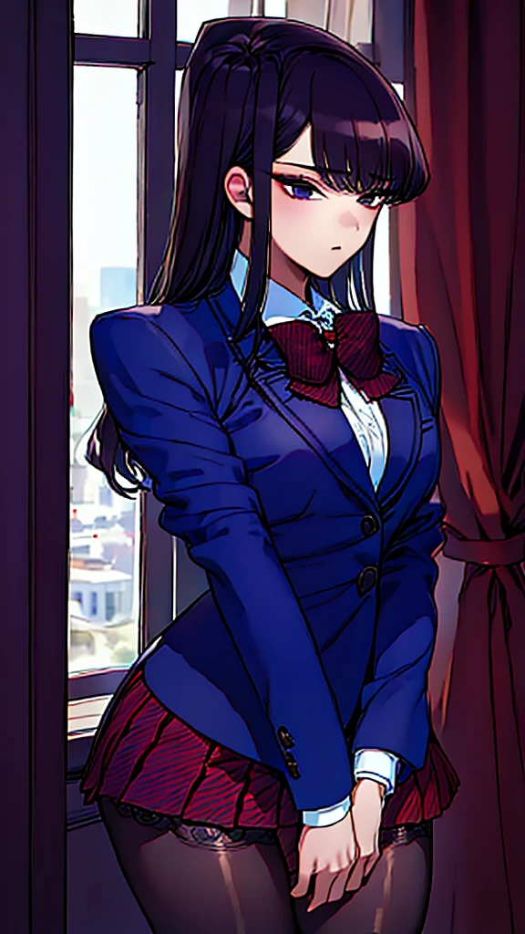 (masterpiece, best quality:1.2),intricate design, (insanely detailed:1.4), (extremely fine details:1.35),masterpiece, best quality, hyper-detailed((masterpiece)), (best quality), (detailed)
ShokoKomidef, purple hair, purple eyes, long hair
, (black pantyhose:1.3),, (school uniform:1.3), red skirt, red bow, (blazer:1.3) (microskirt:1.3)
microskirt