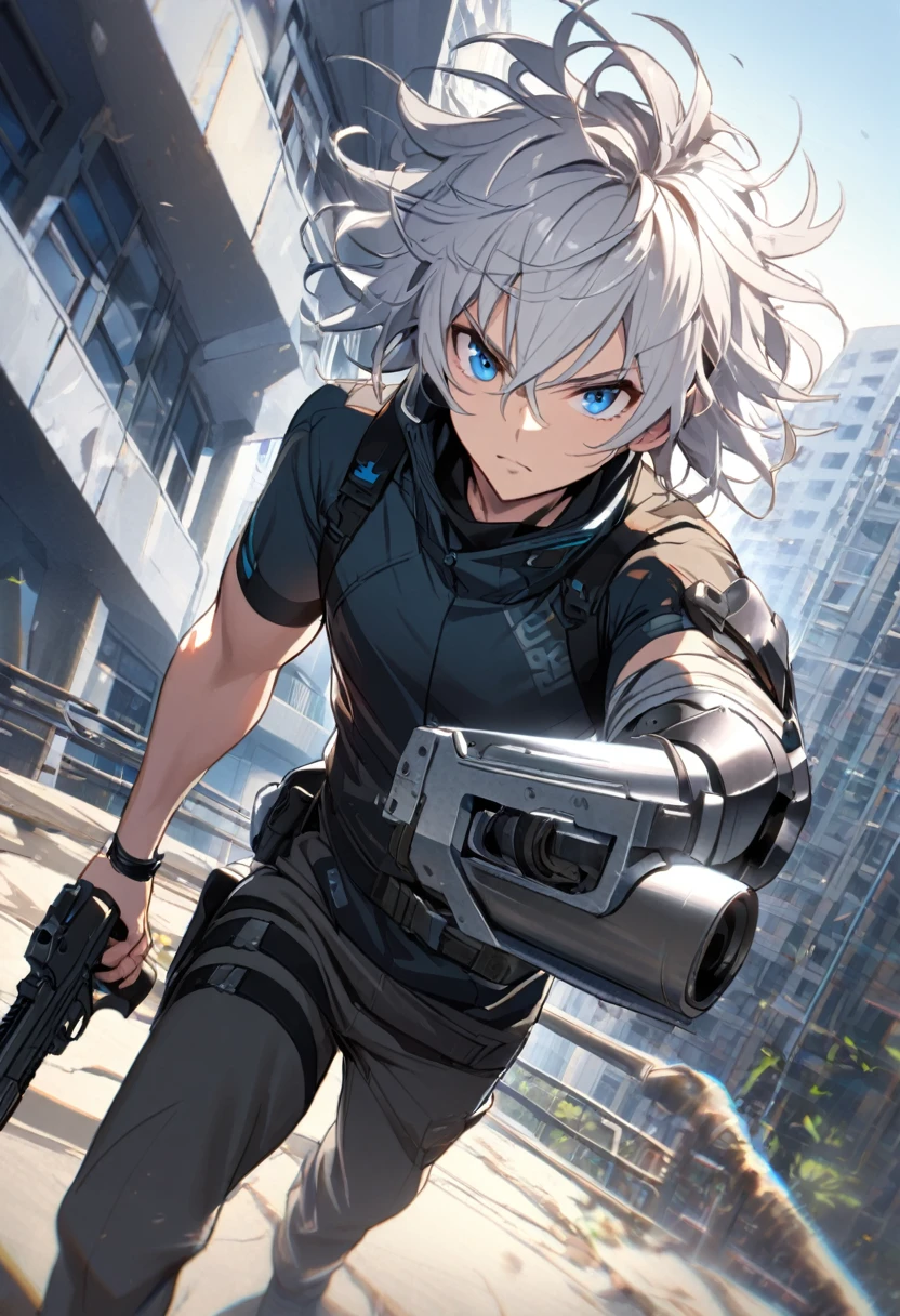 1man, white hair, messy hair, 1metal arm, holding pistol, blue eyes, tech wear, jacket, moving, nice perspective,