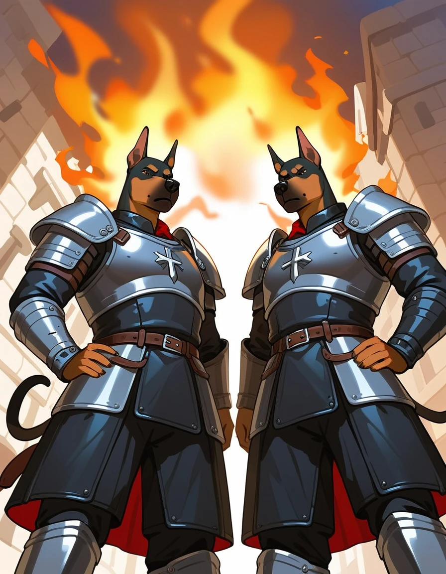 Duo, score_9,score_8_up,score_7_up, duo, two soldiers, male, medieval mercenaries, (black armor, black leather armor):1.4, one is a human male, the other is an Anthro Doberman male, another is an Anthro hyena male, grinning, their eyes and faces are shrouded in shadow, they are wearing leather armor, outdoors, in a burning village, nighttime, low angle shot, they are looking down at viewer, pov, arms crossed, faceless, their faces are shrouded in darkness, arms crossed, they are standing, grinning:1.5 deviously, evil smiles, ill intent, mysterious men