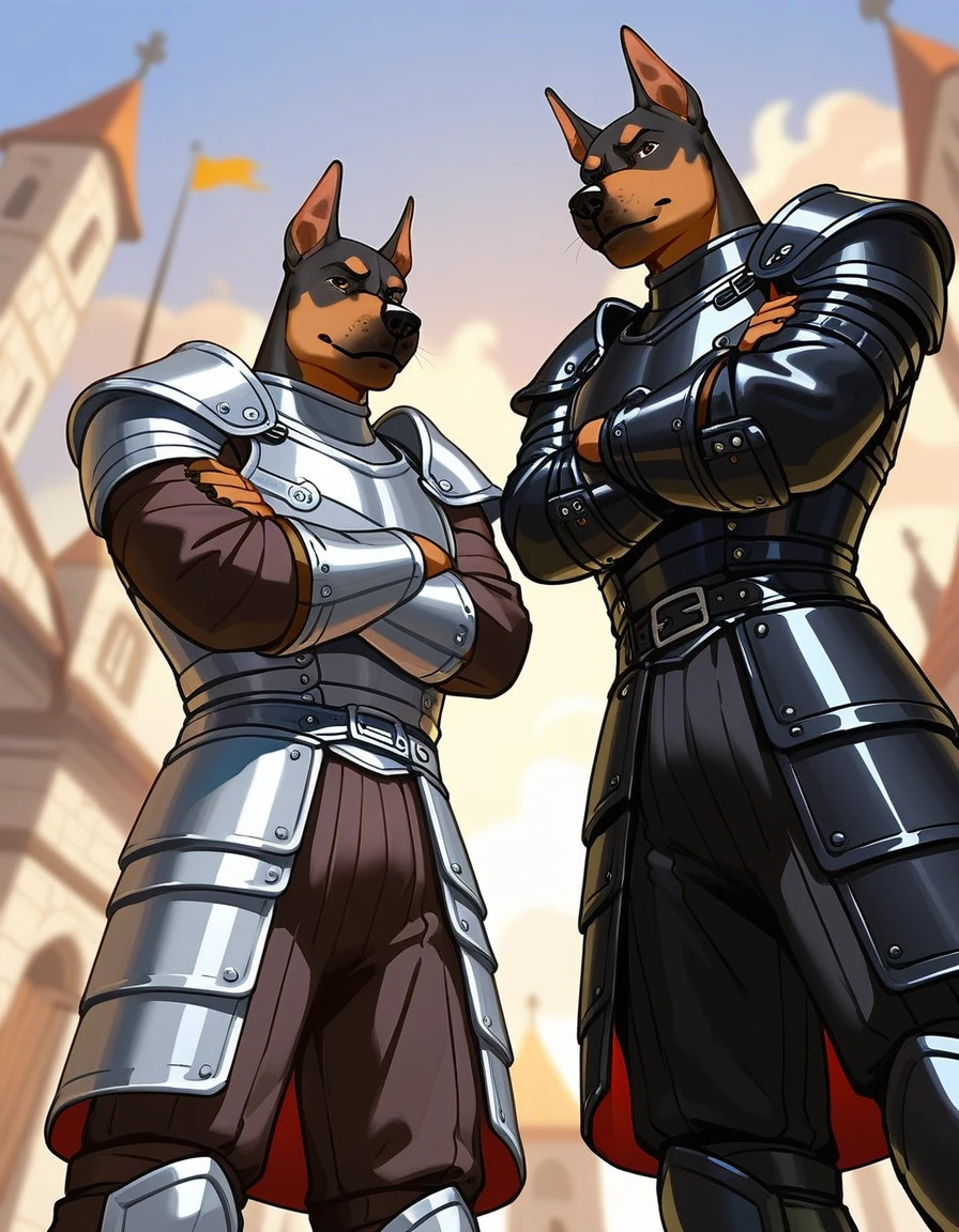 Duo, score_9,score_8_up,score_7_up, duo, two soldiers, male, medieval mercenaries, (black armor, black leather armor):1.4, one is a human male, the other is an Anthro Doberman male, another is an Anthro hyena male, grinning, their eyes and faces are shrouded in shadow, they are wearing leather armor, outdoors, in a burning village, nighttime, low angle shot, they are looking down at viewer, pov, arms crossed, faceless, their faces are shrouded in darkness, arms crossed, they are standing, grinning:1.5 deviously, evil smiles, ill intent, mysterious men