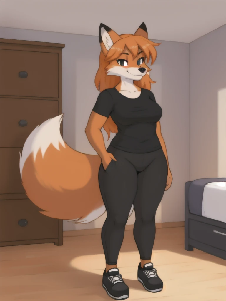 Furry, fox, female, black shirt, black leggings, shoes, bedroom, , standing, full body