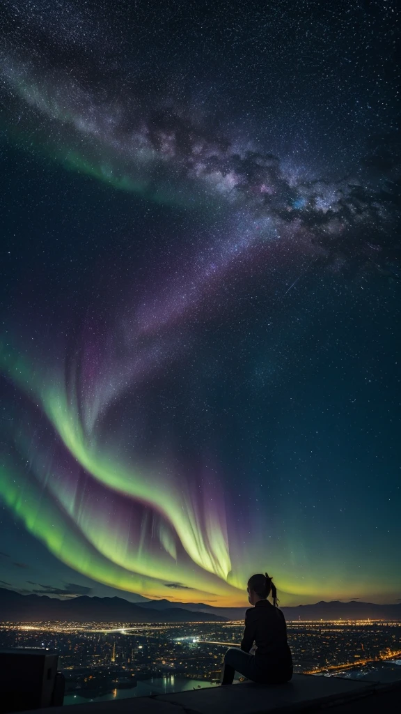 Masterpiece, best quality, 1girl, octane rendering, (from distance), wide view, at night, sitting and staring at the sky, from behind, city, cityscape, bright city lights, full of stars, shooting stars, milky way, aurora borealis, silhouette, awards winning photograph, 