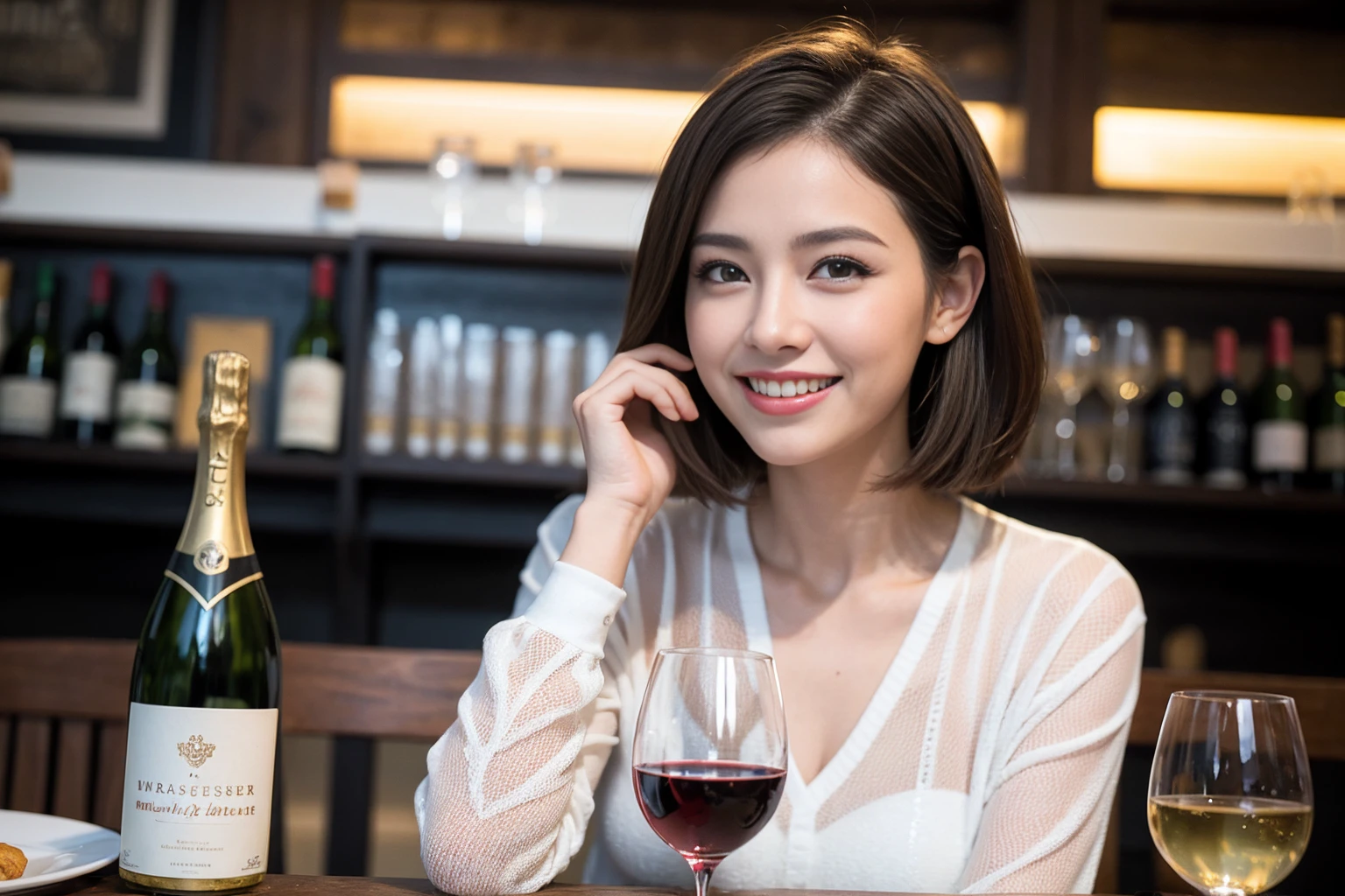 ((Highest quality、8K、masterpiece:1.3))、slimカップル、modelカップル、(Realistic, Intricate details:1.2), full-course dinner、Wine Party、Amazing view of the sunset sky and clouds、A bright smile、The wonderfulness of smile、Bright image、The beauty of wine, Beautiful Face, blue eyes, The light shines on your face, Blushing, short hair,Bright Face、 (Age 37), 39 years old, red wine 、Appetizers、Italian food、Wine bottle、Champagne、sparkling wine、Two beauties、Brown Hair、Shortcuts、Long sleeve shirt、dress、Beautiful woman 1, (slimな顔), (The body is slim), (Brown Hair), (Shortcuts), cheeks turn a little red,Attractive beauty、restaurant, In a prominent place (From the waist up) Nova Frog Style, actress, model, Upper Body, White wine, slim, wine glass, 中央に置かれたwine glass, smile, (smile: 1.15), Beautiful fine grain, Depth f/2,saturation, High Contrast, Strong light and shadow,Moist Body:1.5、3D texture、Delicate eyes、Brown Hair、The hair is very shiny、