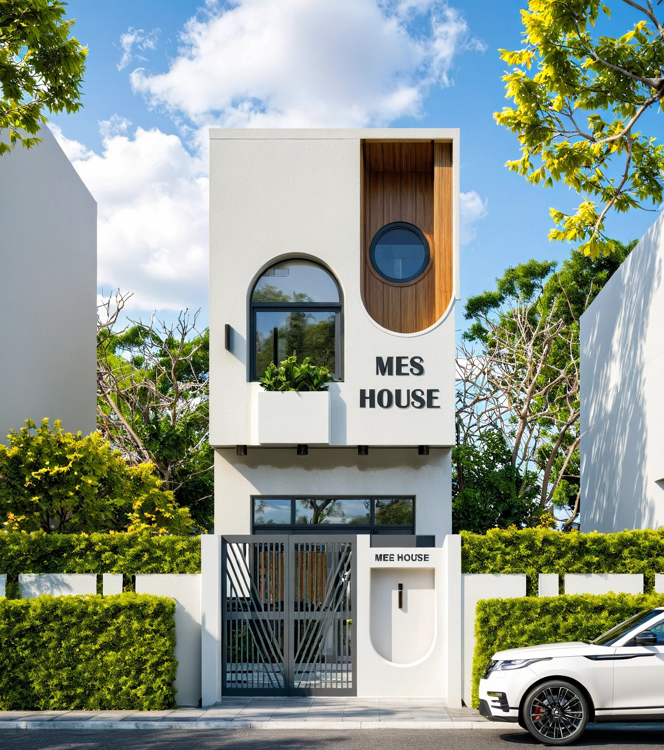 Masterpiece, high quality, best quality, authentic, super detail, outdoors, onestoreyvillaXL, aiaigroup, house style modern on the street ,stairs, white wall ,road,pavement, grass, trees, sky, cloud, (daylight:1.1)