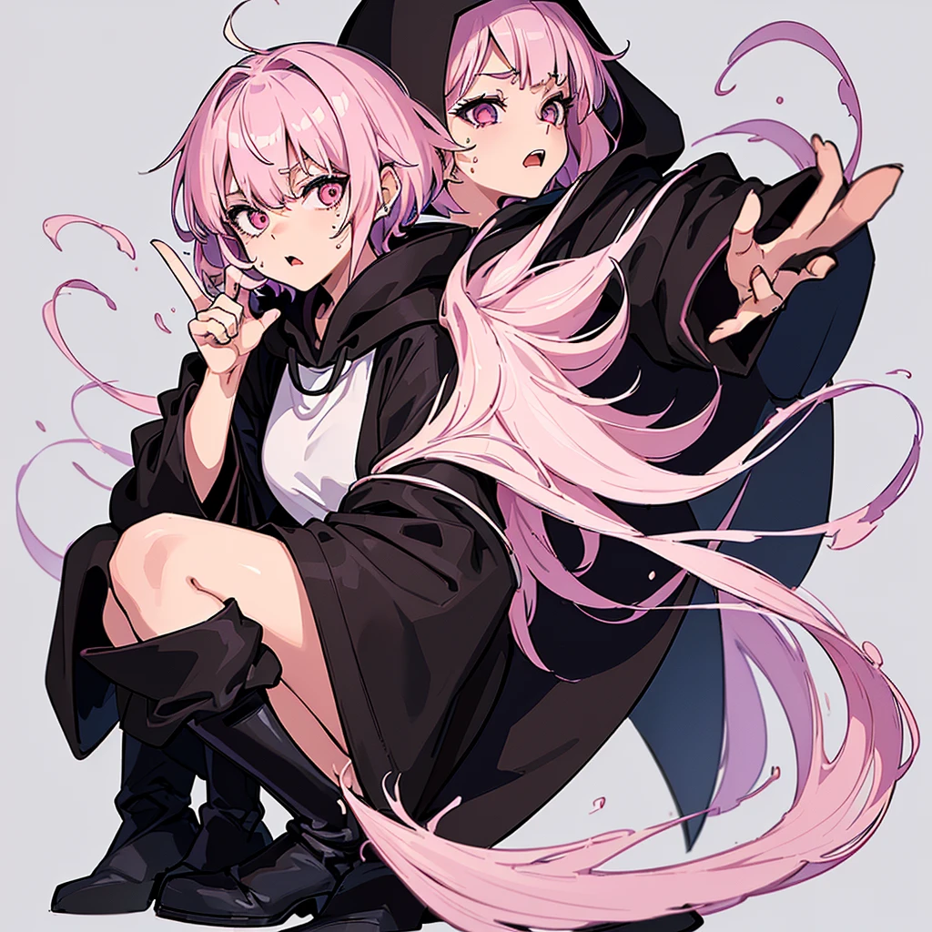 (Full body character concept、detailed character design)、(((Wearing a black hood)))、Best illustrations、Best Quality、(Solo、23 years old)、(The same face:1.1),Medieval Fantasy、Magic wand,(White Background)、(Pink Hair、Very Short Hair、Align your bangs)、(((Long sleeve、Black Robe、pants、Knee-high boots)))、Get Ready、(get annoyed、Open your mouth、Sweat)