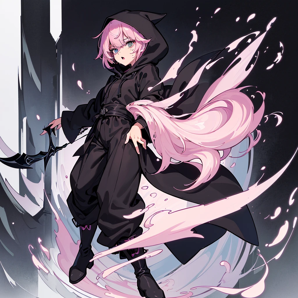 (Full body character concept、detailed character design)、(((Wearing a black hood)))、Best illustrations、Best Quality、(Solo、23 years old)、(The same face:1.1),Medieval Fantasy、Magic wand,(White Background)、(Pink Hair、Very Short Hair、Align your bangs)、(((Long sleeve、Black Robe、pants、Knee-high boots)))、Get Ready、(get annoyed、Open your mouth、Sweat)