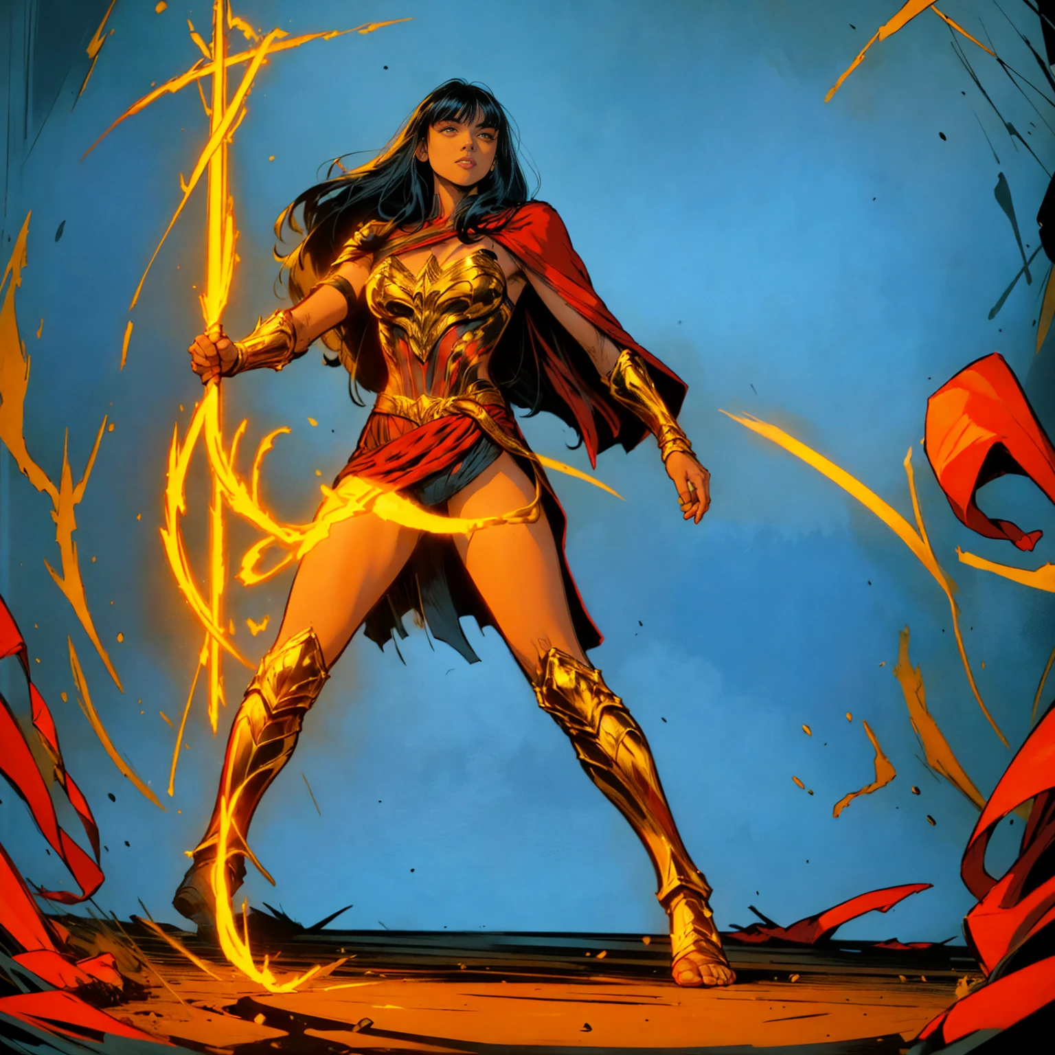 ((Full body photo, standing, feet on the ground)) A warrior, Pose of a warrior ready to attack,a red cape, in his hand the lasso of truth, wide jaw, big lips, black hair with bangs, and yellow eyes wearing black and gold Yara_Flor_DC armor
