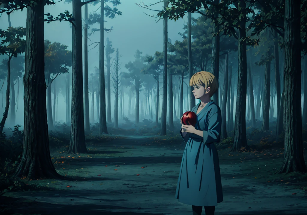 a girl with short blonde hair, in a light blue dress, holding an apple, forest, autumn, 2D, dark environment, dry leaves, dark environment, fog, night, dark,