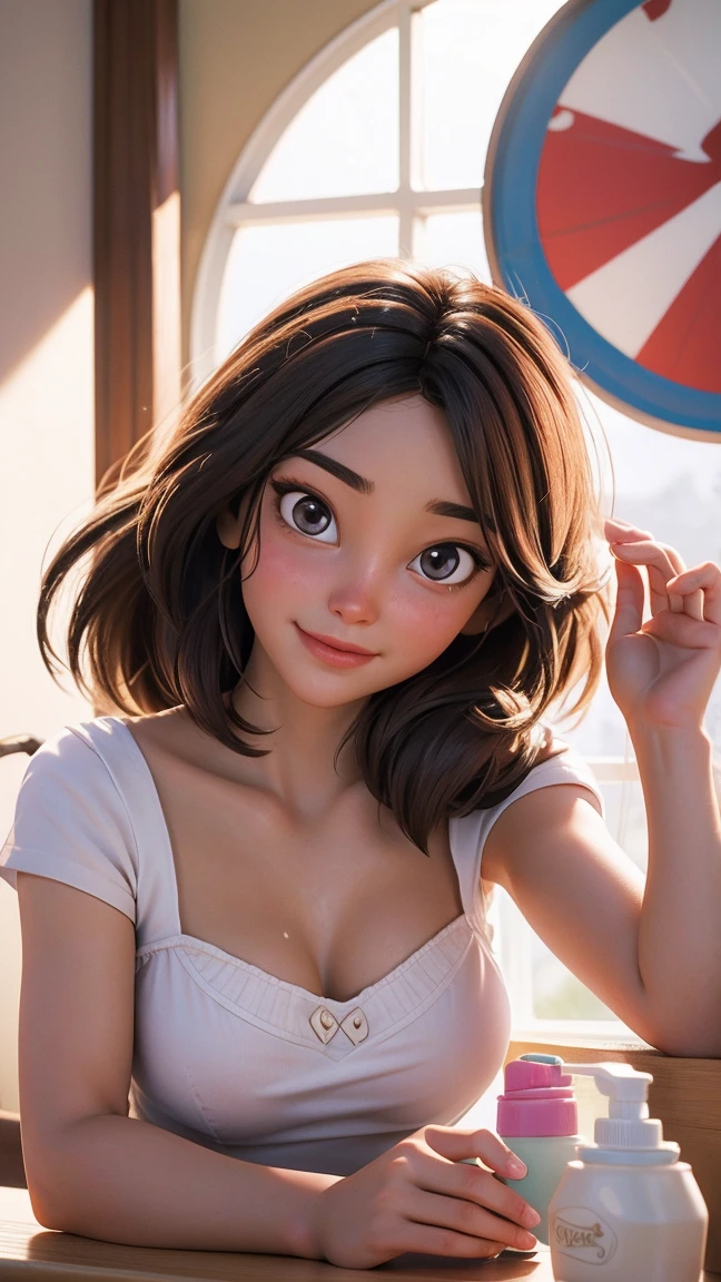 A 3D Disney-style illustration of a woman in a summer outfit applying lotion to her face. The setting is bright and cheerful, with sunlight streaming in through a window. The woman looks relaxed and content as she applies the lotion. The background includes elements like a dresser with skincare products and a potted plant, giving a fresh and summery feel. The characters are friendly and animated, making it easy for children to understand the concept of after-sun care.