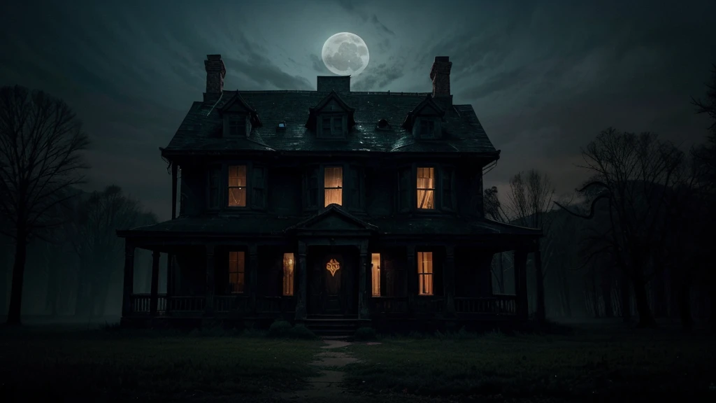 In the image, depict the main character standing outside an old, eerie haunted house on a dark, desolate night with a full moon casting an eerie glow. The house should look dilapidated and menacing. The main character's face should be prominently shown, with a terrified and anxious expression, conveying a sense of dread. Add faint, shadowy ghosts inside the house or near its windows to enhance the horror atmosphere. Use dark, shadowy tones with contrasting highlights from the moon and ghosts, incorporating eerie greens and blues to emphasize the chilling vibe. The title "Visit to a Haunted House" should be in a bold, spooky font at the top or bottom of the thumbnail. This combination will create a compelling and spooky thumbnail that will attract viewers.