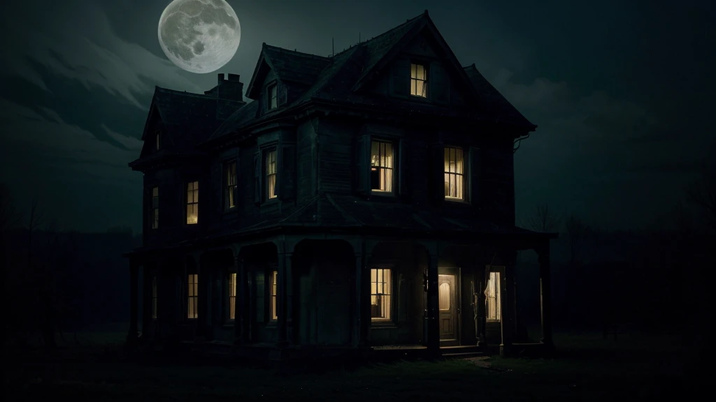 In the image, depict the main character standing outside an old, eerie haunted house on a dark, desolate night with a full moon casting an eerie glow. The house should look dilapidated and menacing. The main character's face should be prominently shown, with a terrified and anxious expression, conveying a sense of dread. Add faint, shadowy ghosts inside the house or near its windows to enhance the horror atmosphere. Use dark, shadowy tones with contrasting highlights from the moon and ghosts, incorporating eerie greens and blues to emphasize the chilling vibe. The title "Visit to a Haunted House" should be in a bold, spooky font at the top or bottom of the thumbnail. This combination will create a compelling and spooky thumbnail that will attract viewers.