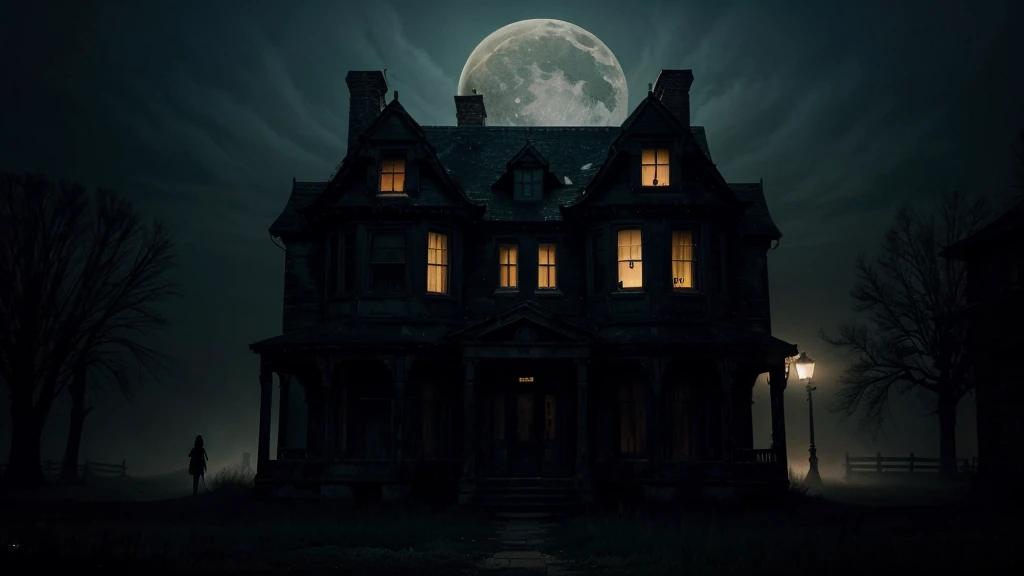 In the image, depict the main character standing outside an old, eerie haunted house on a dark, desolate night with a full moon casting an eerie glow. The house should look dilapidated and menacing. The main character's face should be prominently shown, with a terrified and anxious expression, conveying a sense of dread. Add faint, shadowy ghosts inside the house or near its windows to enhance the horror atmosphere. Use dark, shadowy tones with contrasting highlights from the moon and ghosts, incorporating eerie greens and blues to emphasize the chilling vibe. The title "Visit to a Haunted House" should be in a bold, spooky font at the top or bottom of the thumbnail. This combination will create a compelling and spooky thumbnail that will attract viewers.