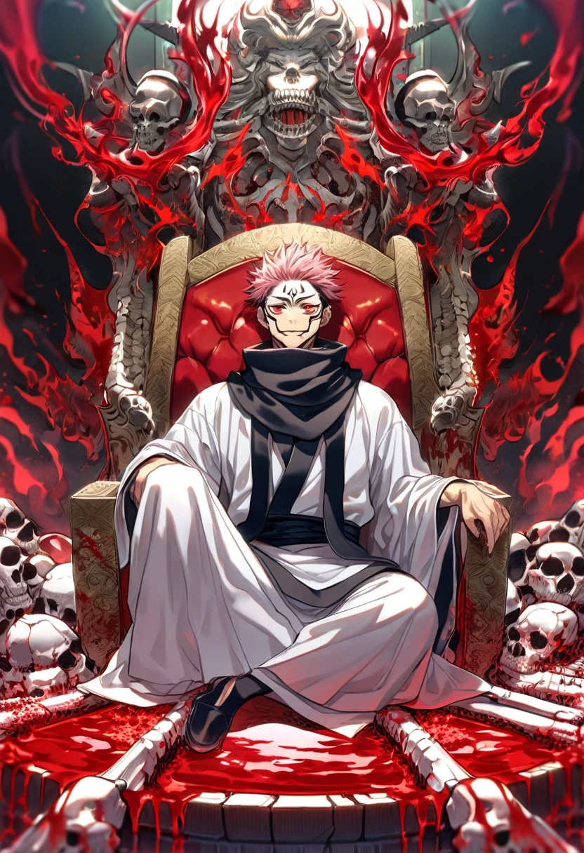 Ultra detailed, HDR, Highres, absurdres, master piece, Ryoumen Sukuna, pink hair, expressive red eyes, black scarf, white kimono, Jujutsu Kaisen, handsome, sexy man, solo, throne made of bones, red blood water, sitting, fantasy, magical, red aura, inner domain, skulls around him, smirking